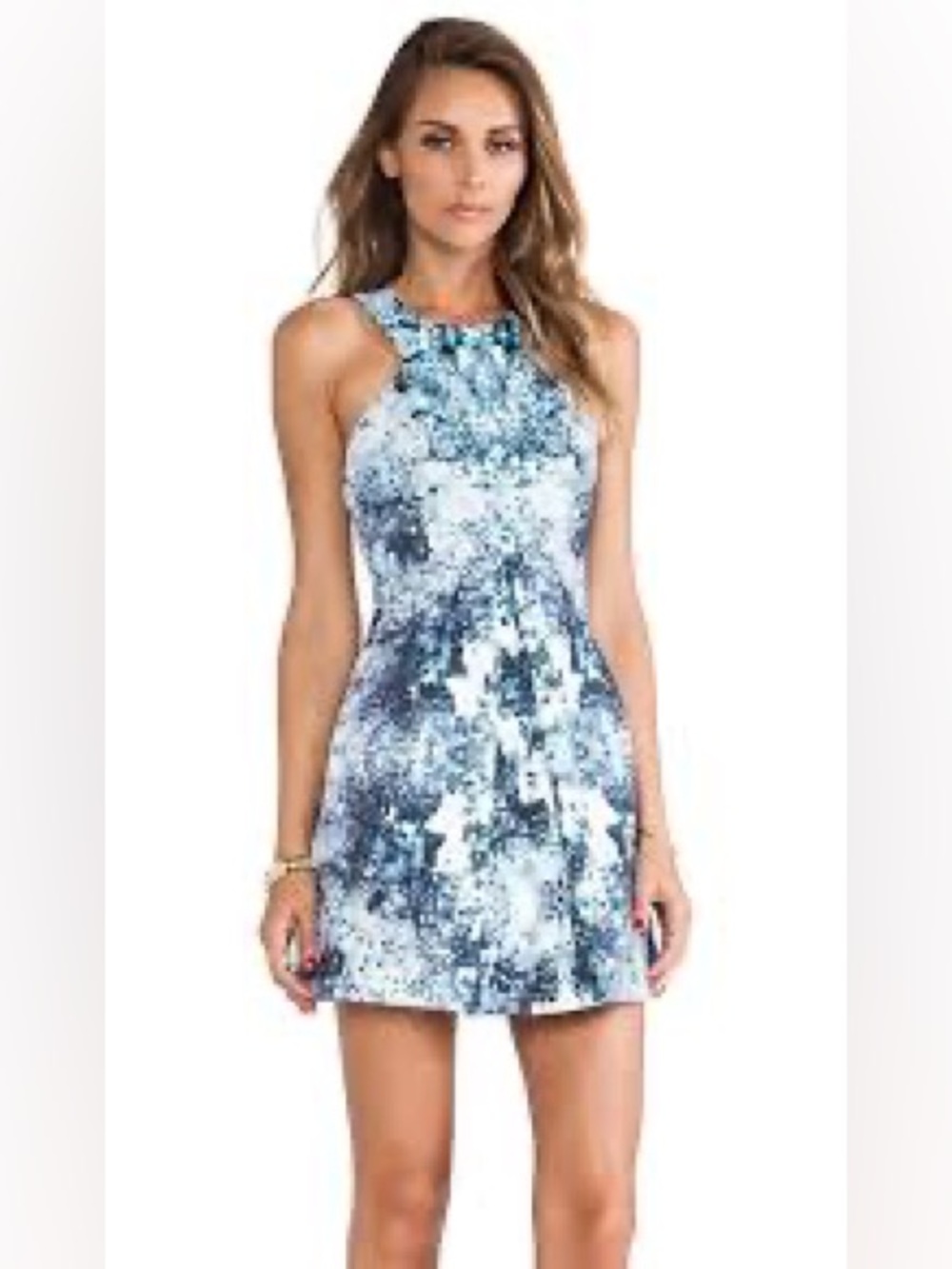 Finders Keepers Blue & White Abstract Halter Mini Dress